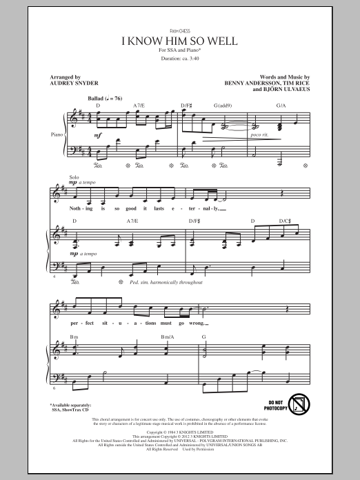 Download Benny Andersson, Tim Rice and Bjorn I Know Him So Well (from Chess) (arr. A Sheet Music