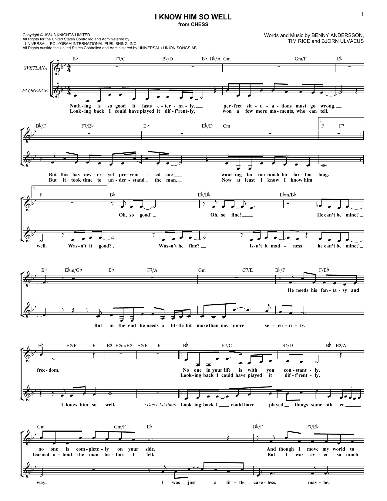 Download Benny Andersson, Tim Rice and Bjorn I Know Him So Well (from Chess) Sheet Music