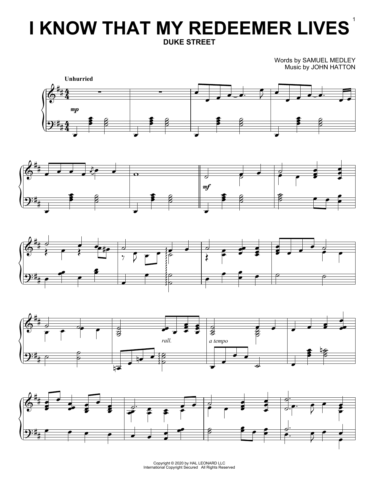 Download Samuel Medley and John Hatton I Know That My Redeemer Lives Sheet Music