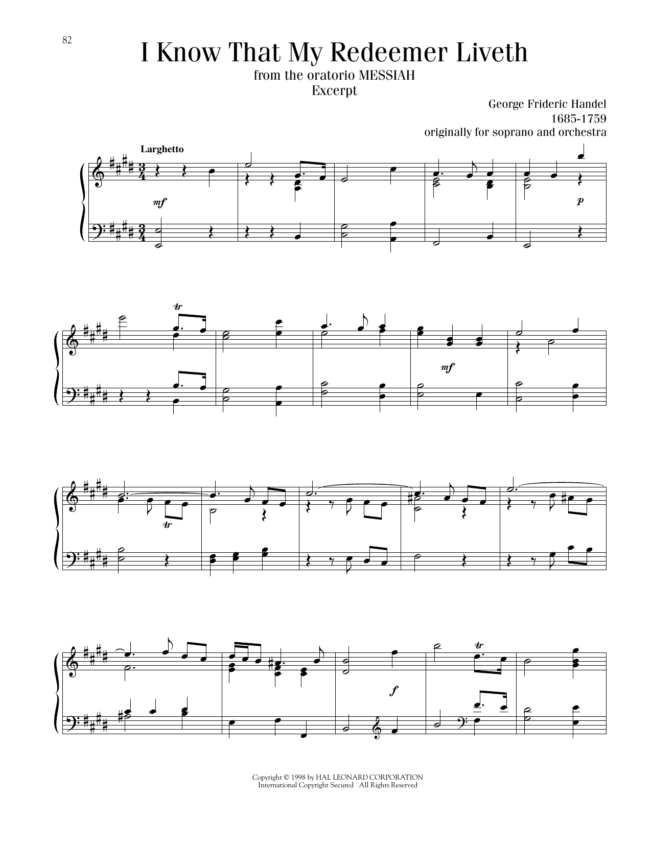 George Frideric Handel I Know That My Redeemer Liveth sheet music notes printable PDF score
