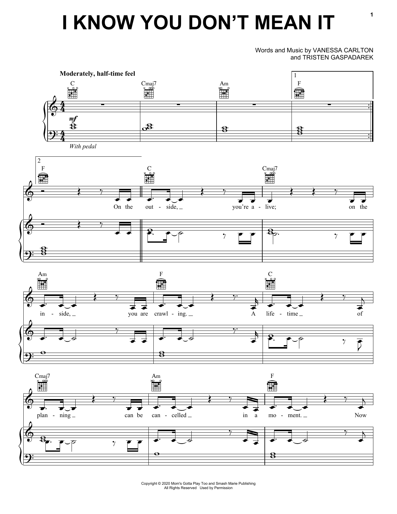 Download Vanessa Carlton I Know You Don't Mean It Sheet Music
