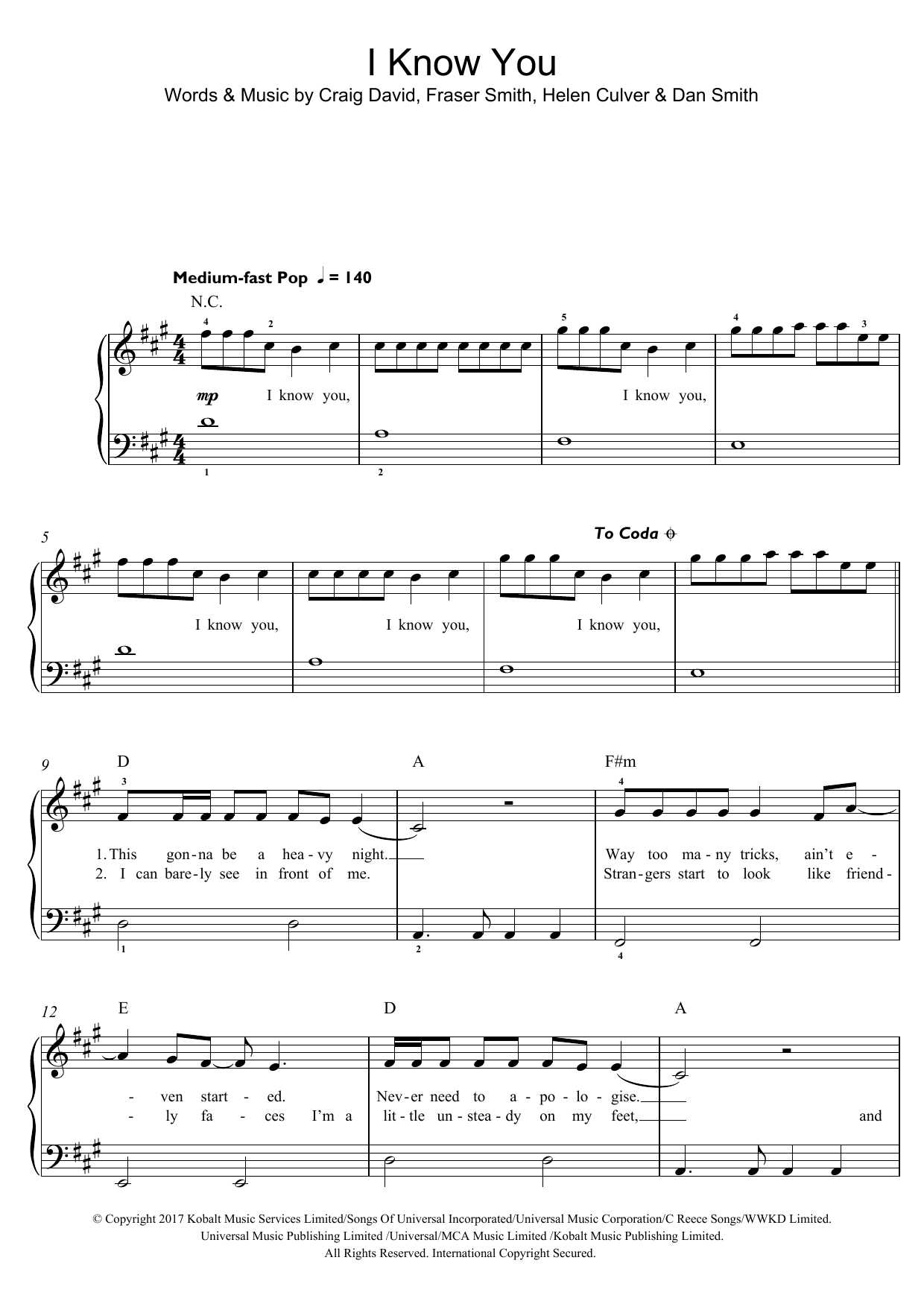 Download Craig David I Know You (featuring Bastille) Sheet Music