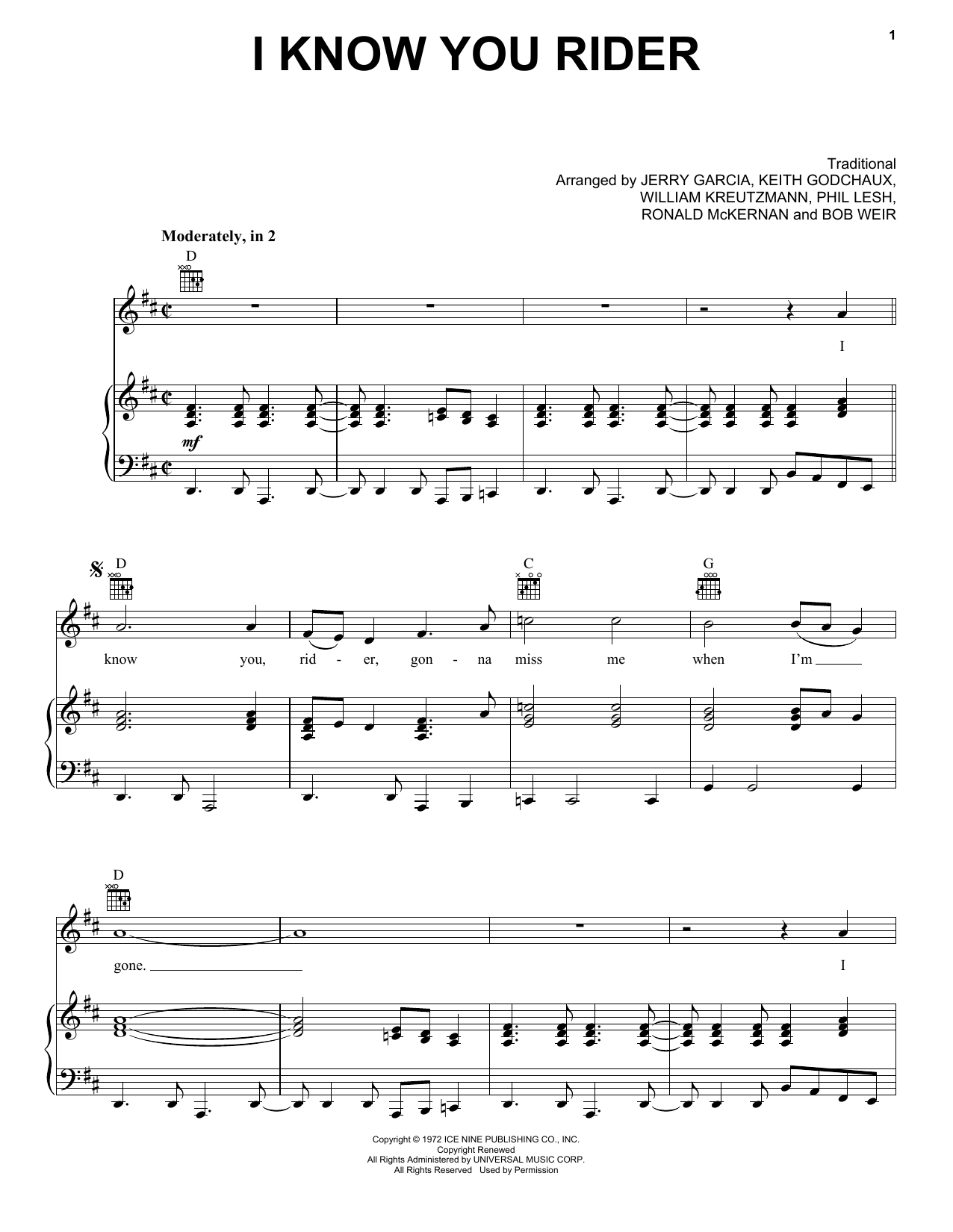 Download Grateful Dead I Know You Rider Sheet Music