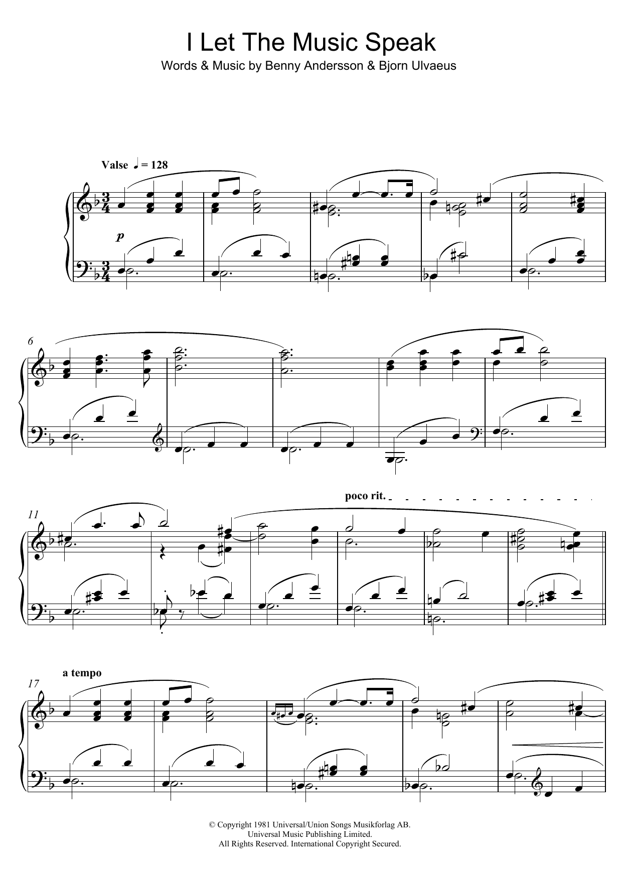 Download Benny Andersson I Let The Music Speak Sheet Music