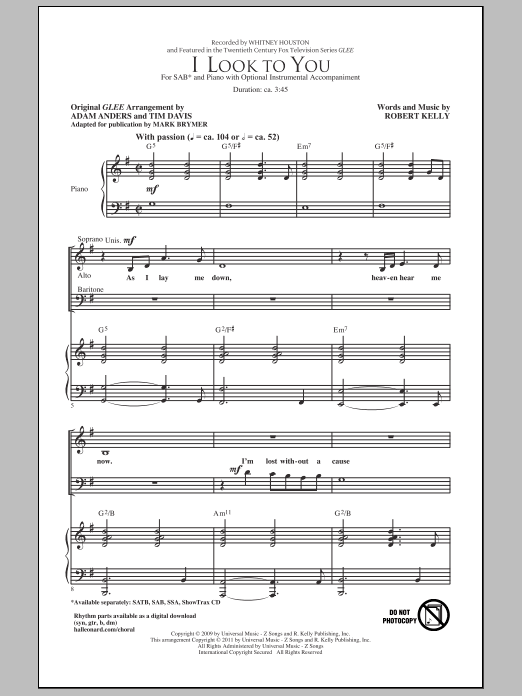 Download Whitney Houston I Look To You (arr. Mark Brymer) Sheet Music