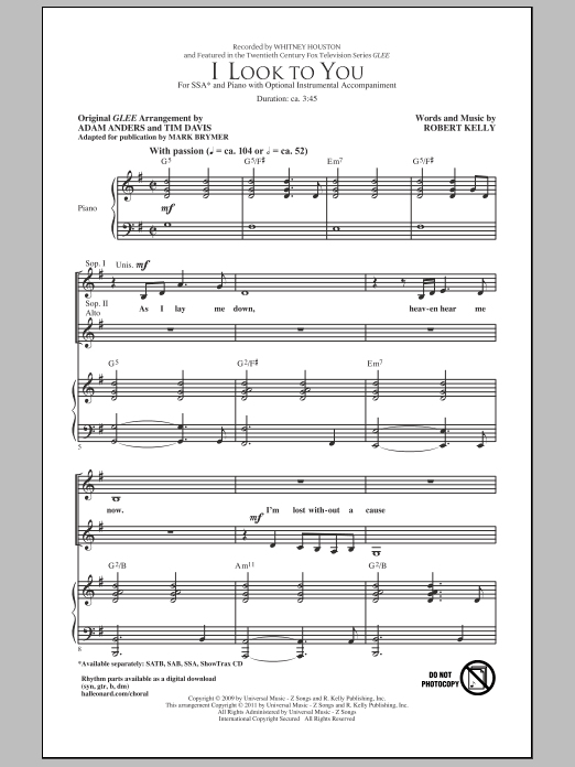 Download Whitney Houston I Look To You (arr. Mark Brymer) Sheet Music