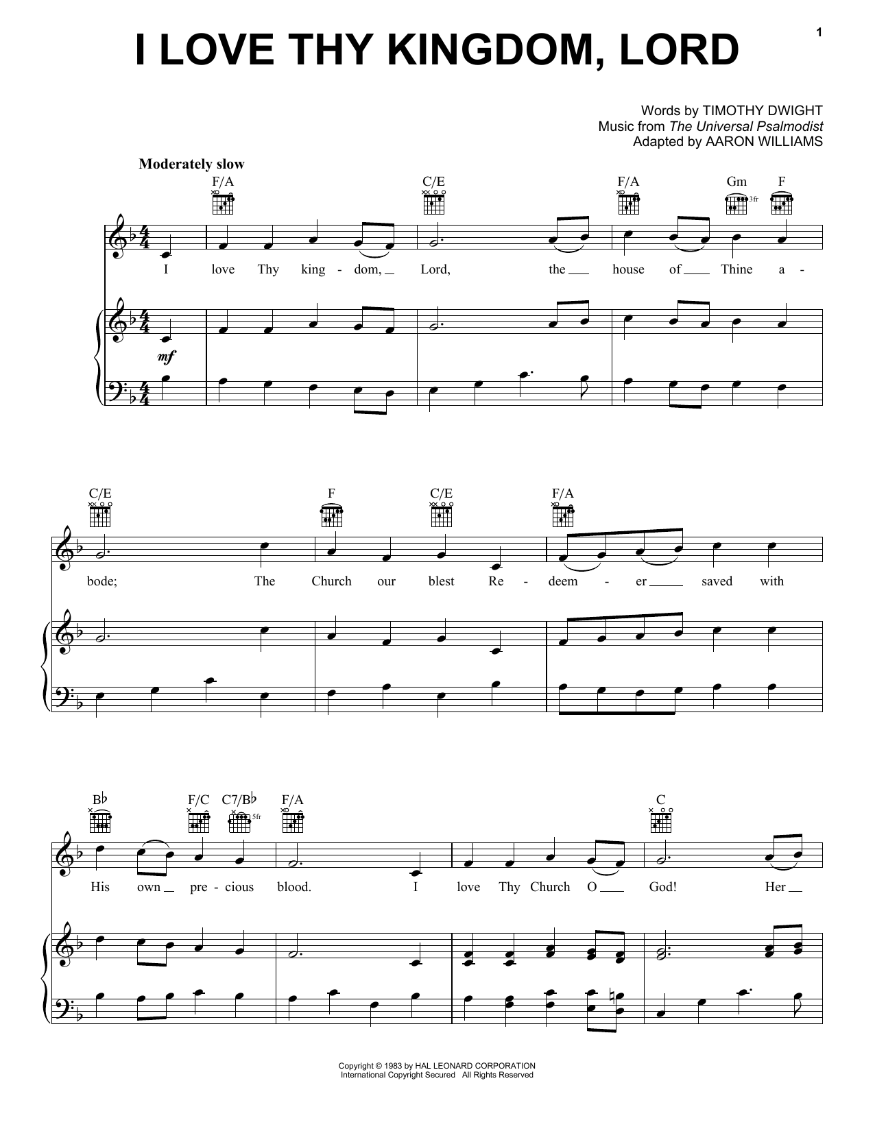 Timothy Dwight I Love Thy Kingdom, Lord sheet music notes printable PDF score