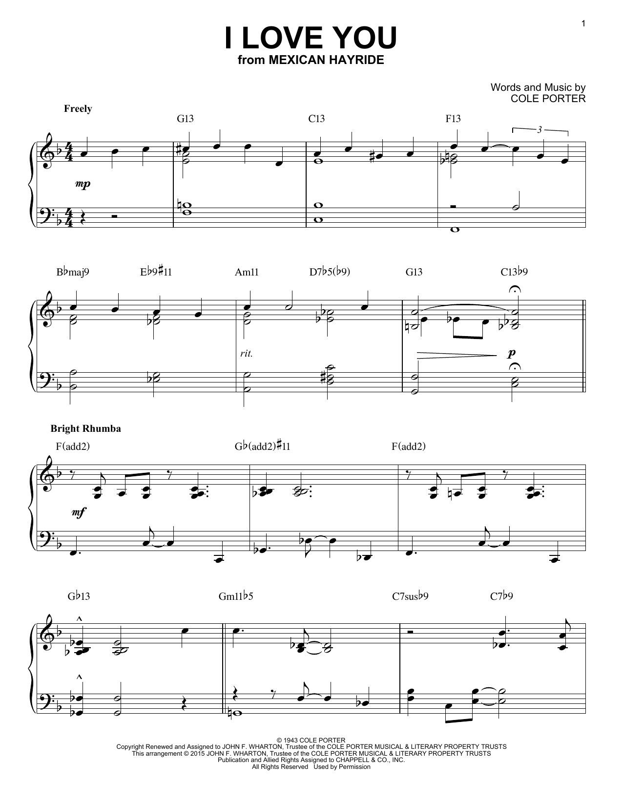Download Cole Porter I Love You [Jazz version] (arr. Brent E Sheet Music