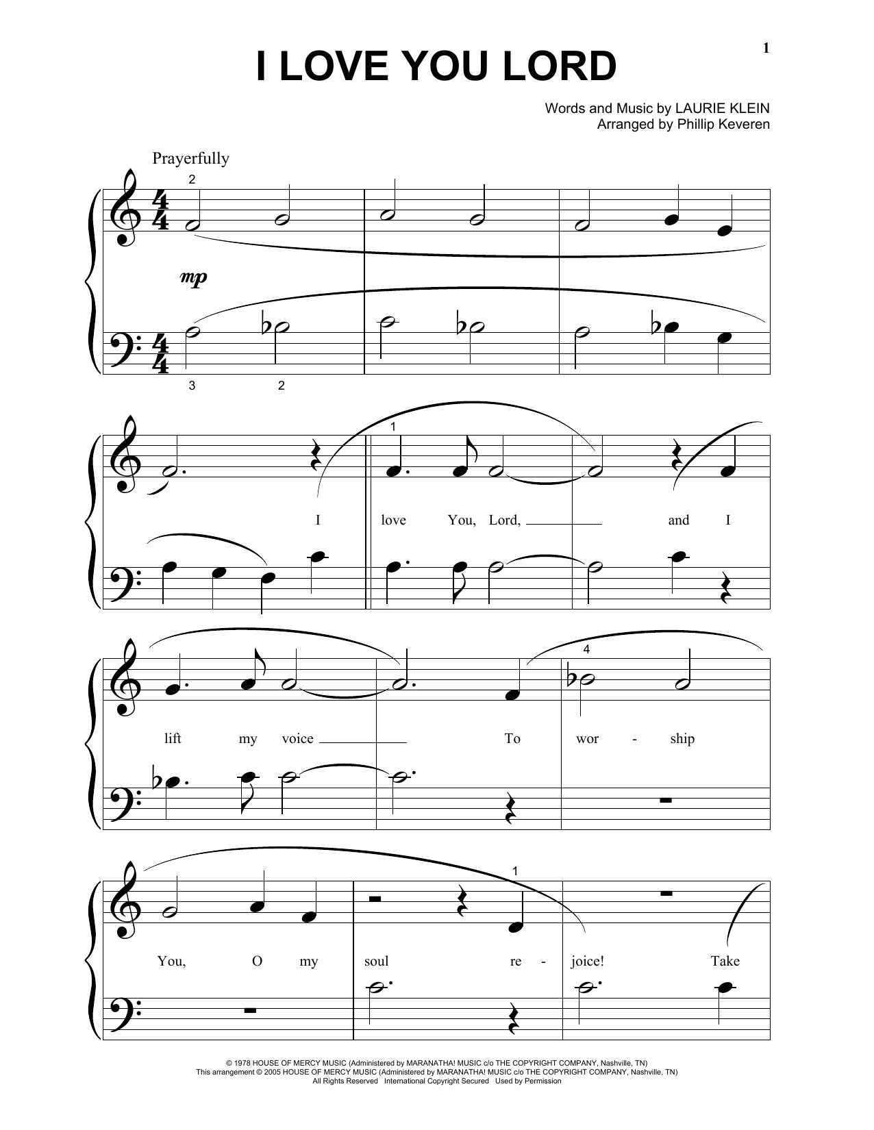 Download Laurie Klein I Love You Lord (arr. Phillip Keveren) Sheet Music