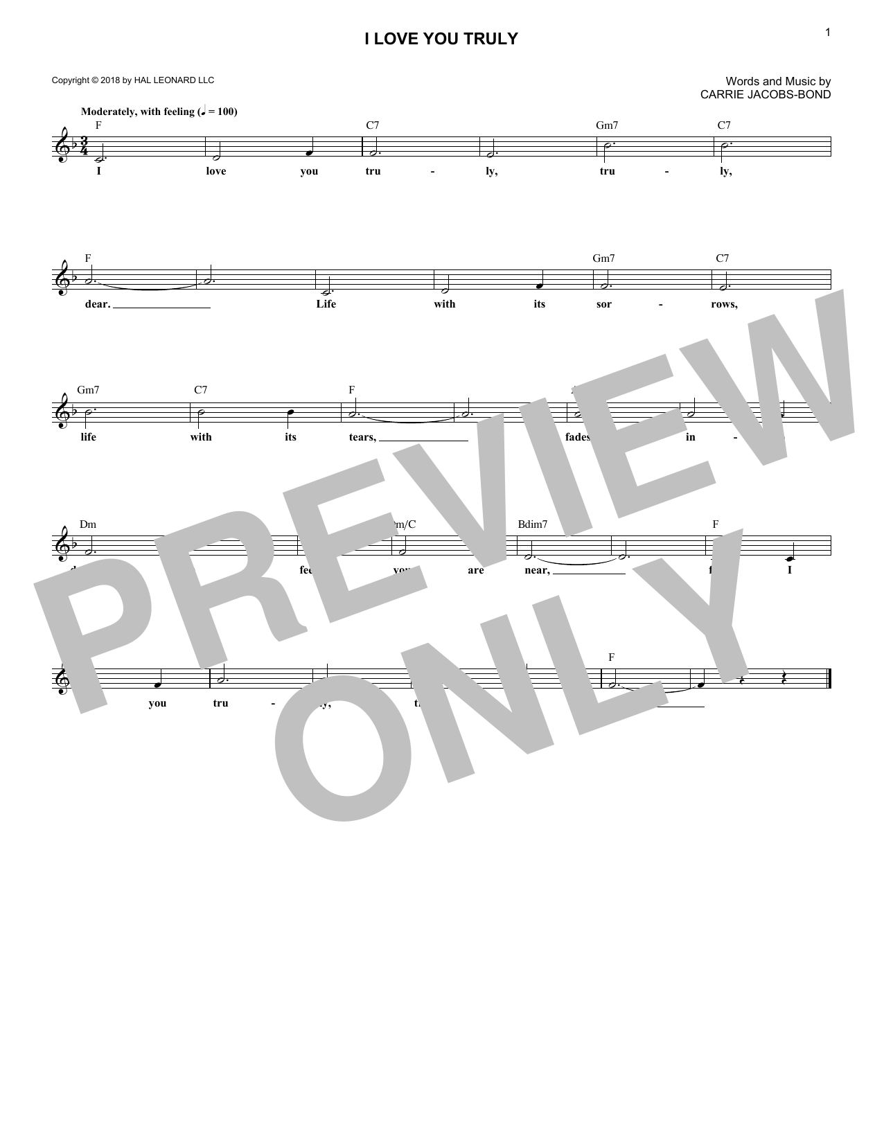 Download Carrie Jacobs-Bond I Love You Truly Sheet Music