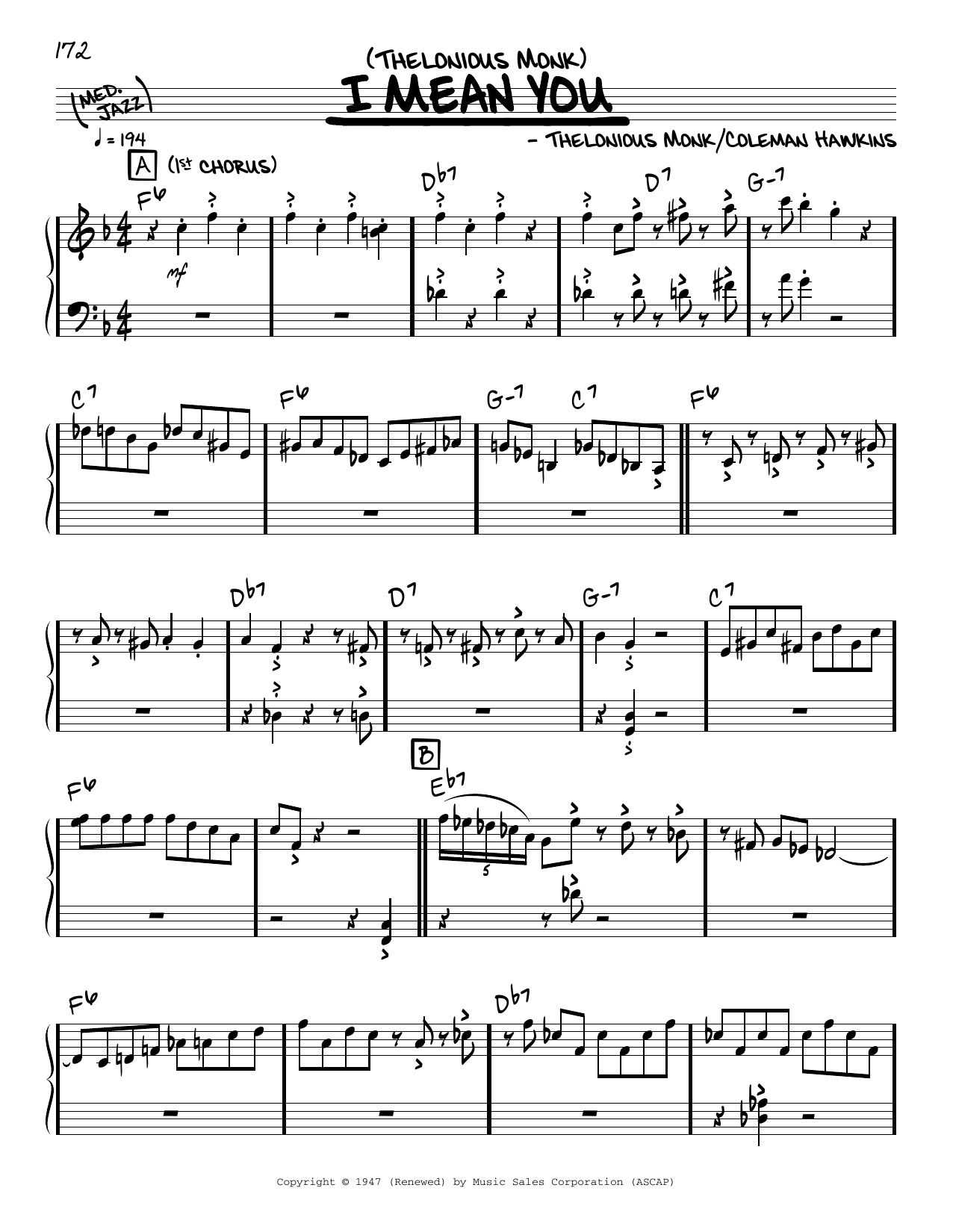 Download Thelonious Monk I Mean You (solo only) Sheet Music