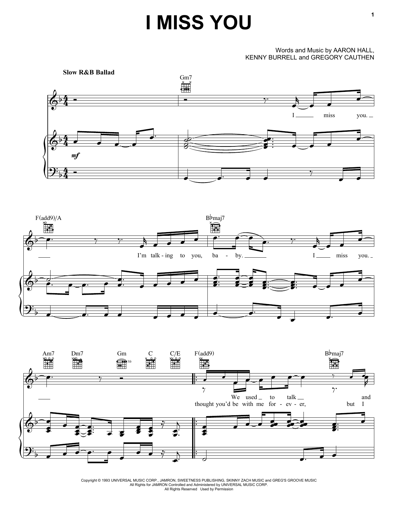Aaron Hall I Miss You sheet music notes printable PDF score
