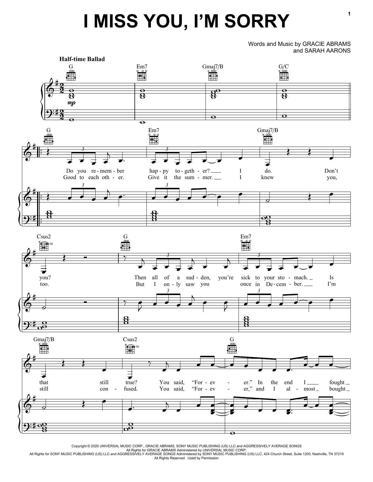Gracie Abrams I miss you, I'm sorry sheet music notes printable PDF score