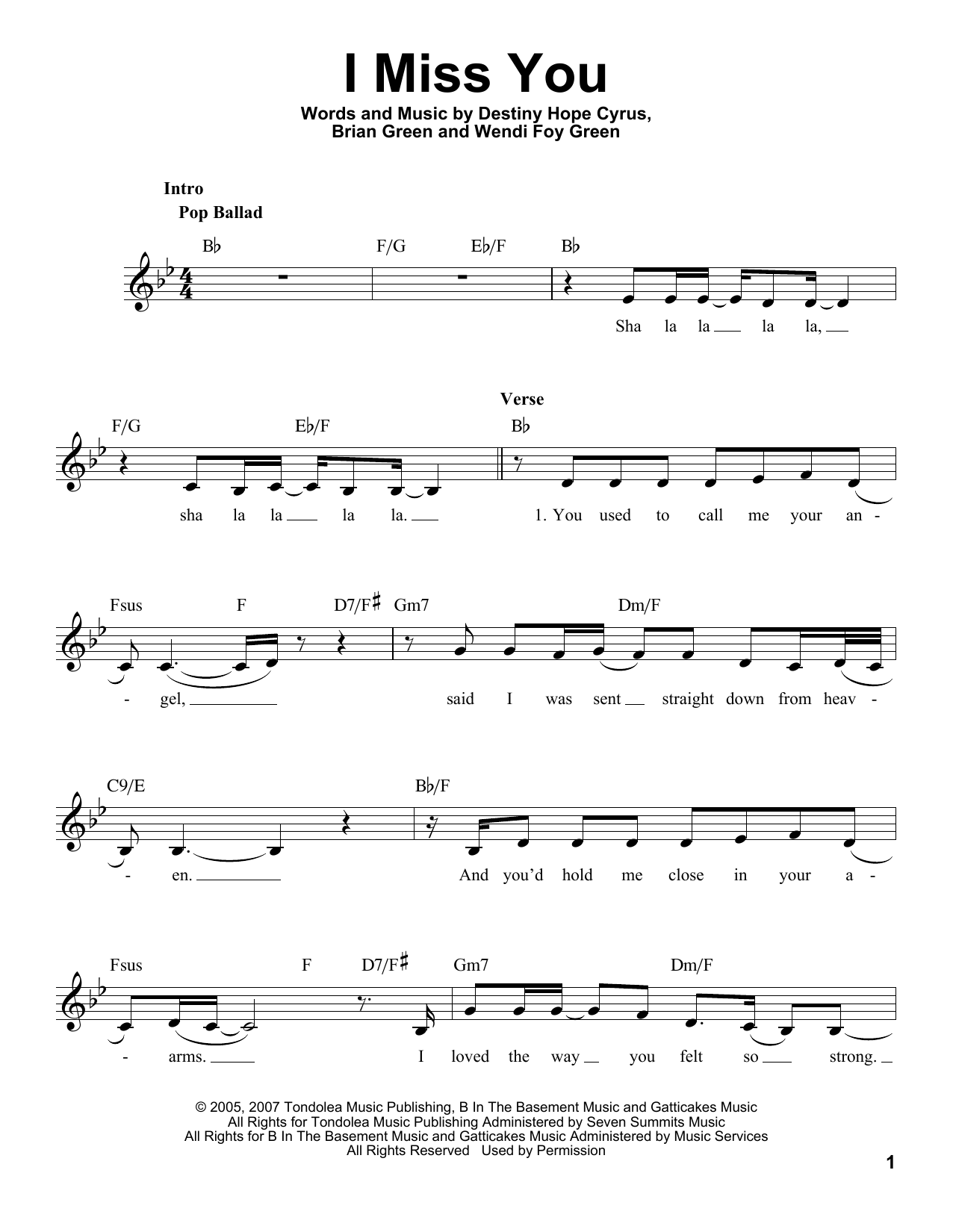 Download Miley Cyrus I Miss You Sheet Music