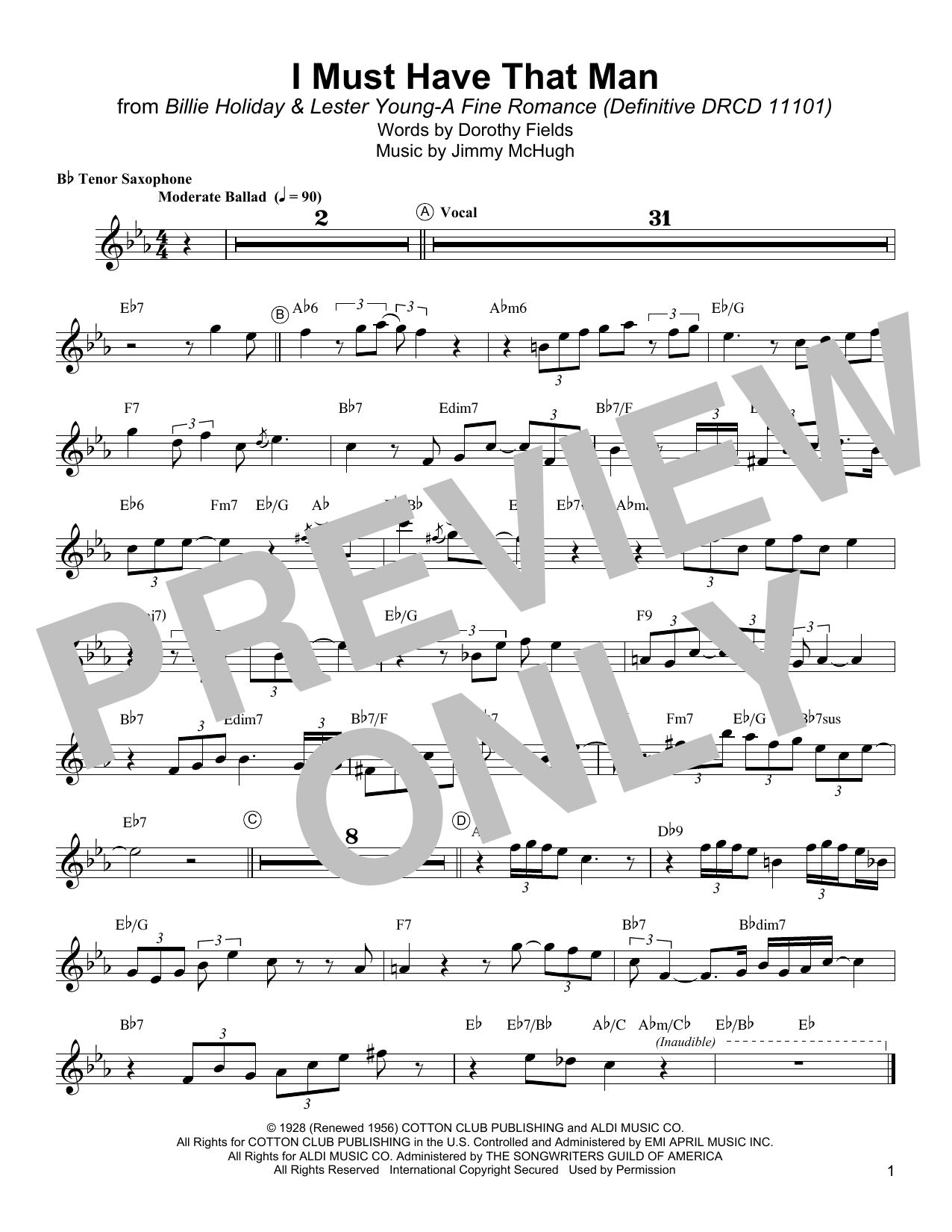 Download Lester Young I Must Have That Man Sheet Music