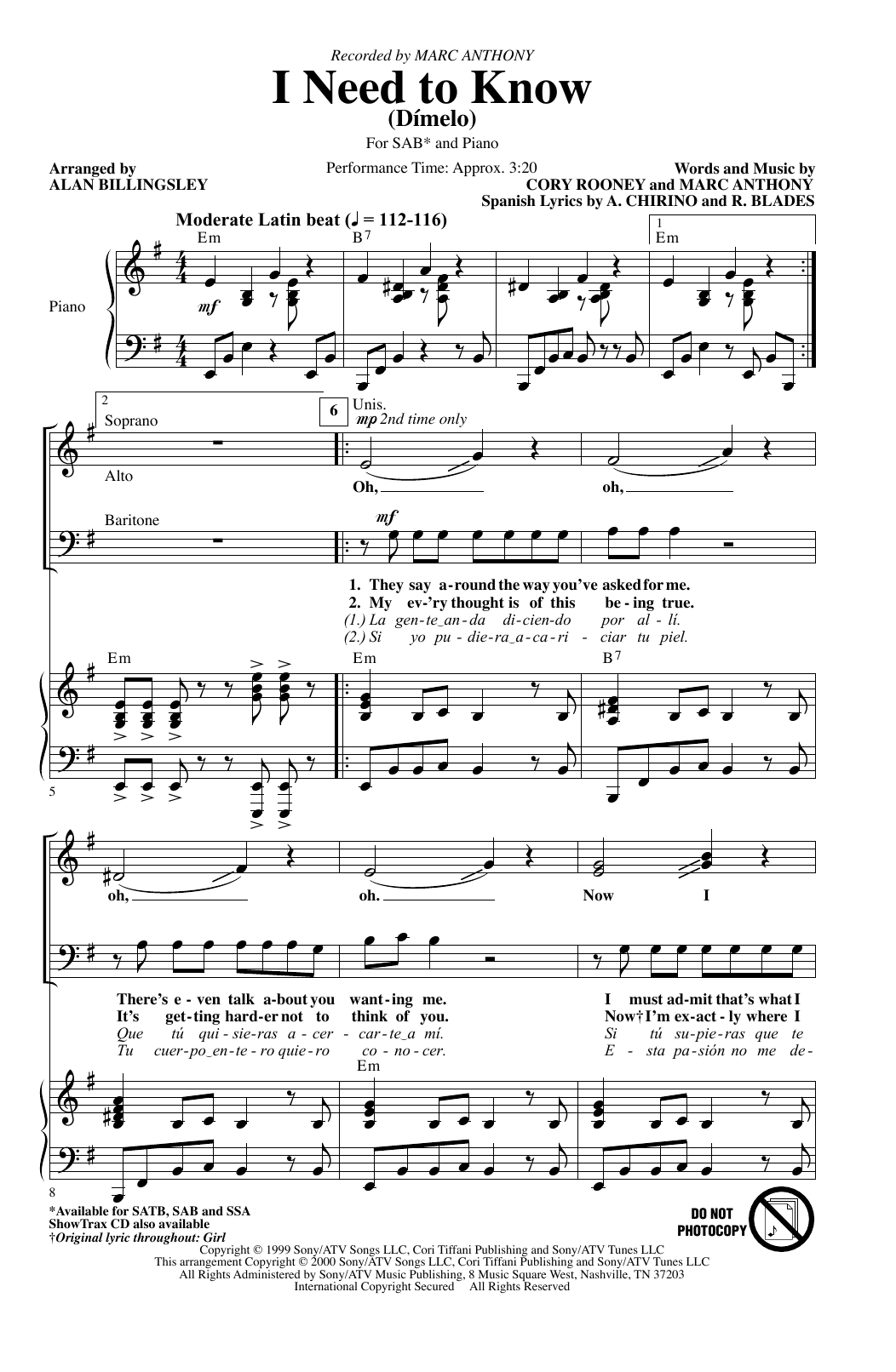 Download Marc Anthony I Need To Know (Dimelo) (arr. Alan Bill Sheet Music