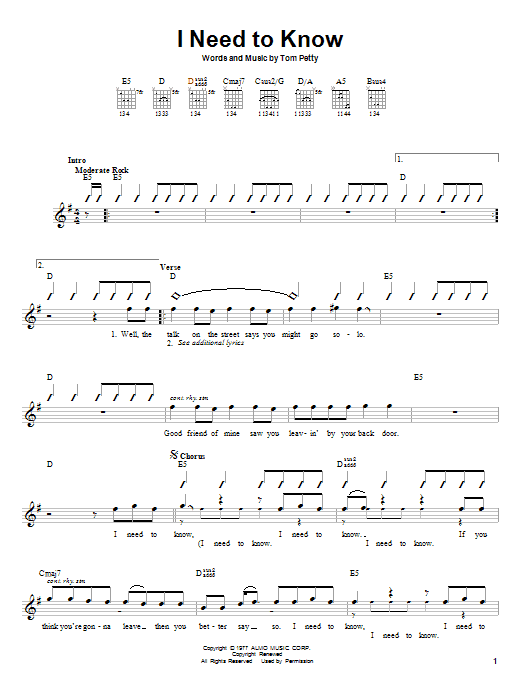 Download Tom Petty And The Heartbreakers I Need To Know Sheet Music