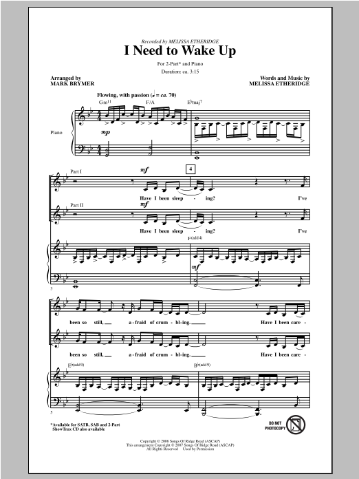 Download Melissa Etheridge I Need To Wake Up (arr. Mark Brymer) Sheet Music