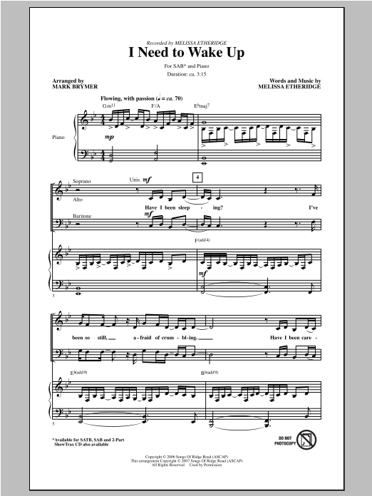Download Melissa Etheridge I Need To Wake Up (arr. Mark Brymer) Sheet Music