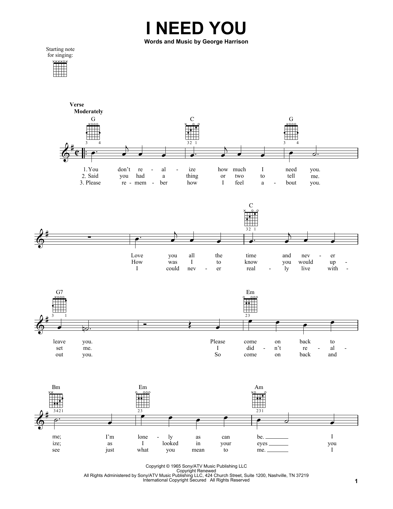 Download The Beatles I Need You Sheet Music