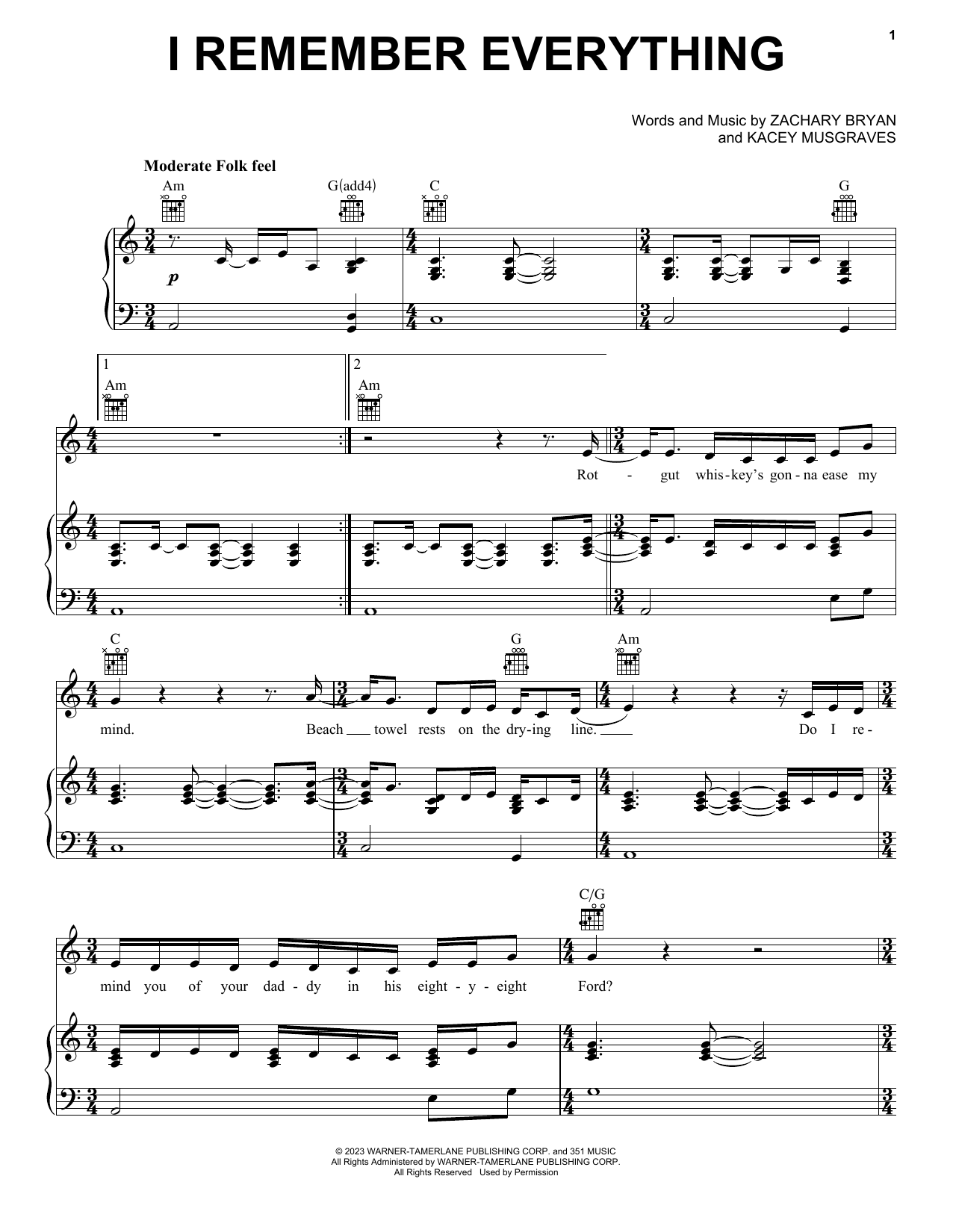 Zach Bryan feat. Kacey Musgraves I Remember Everything (feat. Kacey Musgraves) sheet music notes printable PDF score
