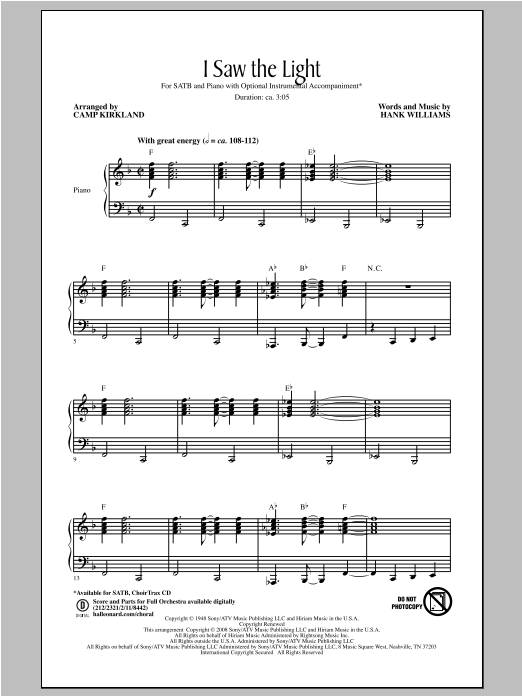 Download Hank Williams I Saw The Light Sheet Music