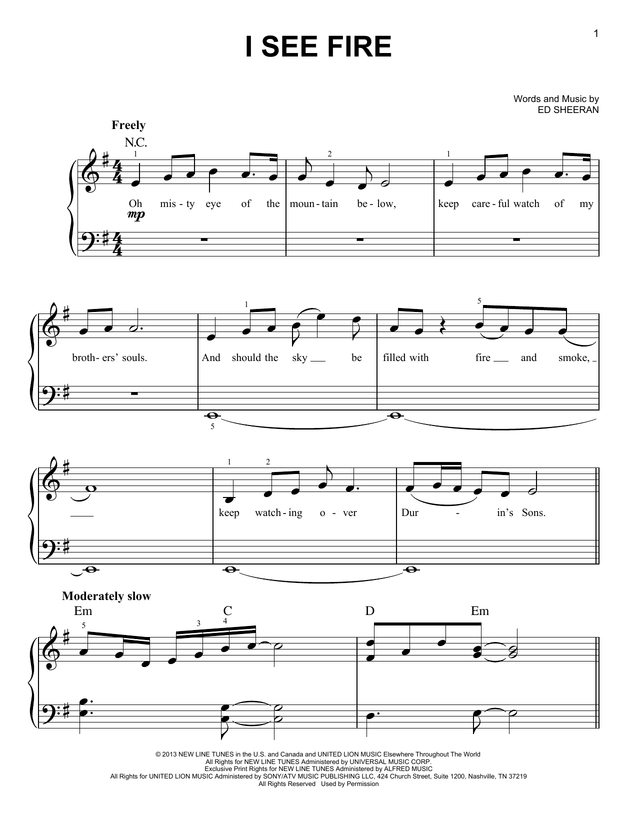 Download Ed Sheeran I See Fire (from The Hobbit) Sheet Music