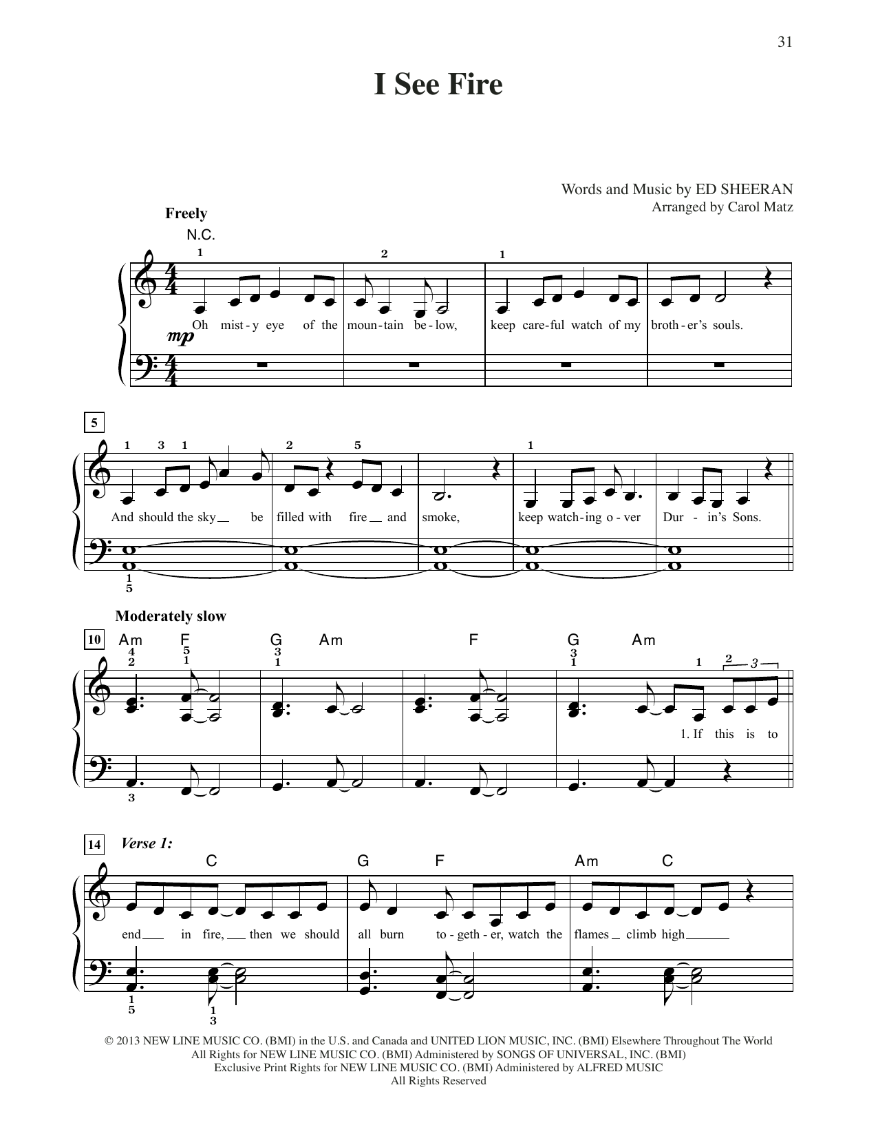 Download Ed Sheeran I See Fire (from The Hobbit: The Desola Sheet Music