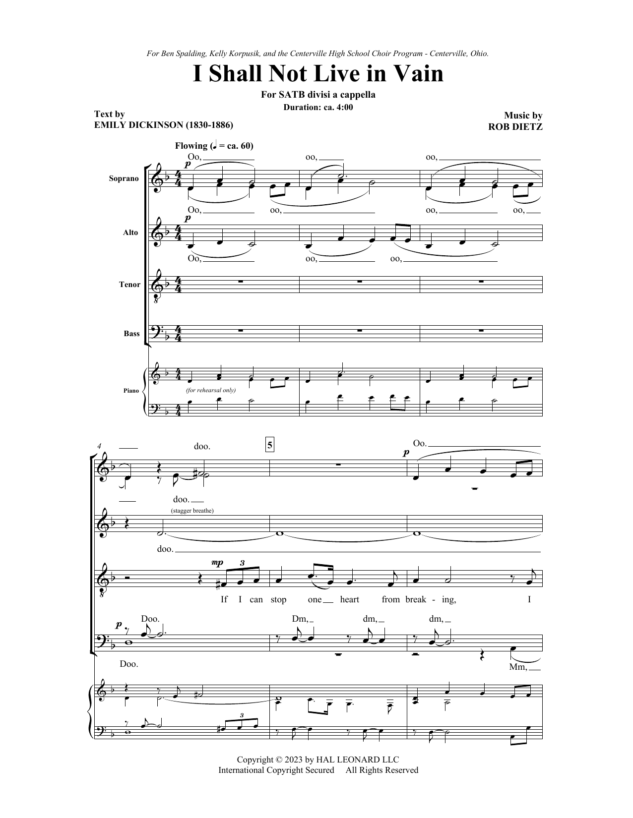 Rob Dietz I Shall Not Live In Vain sheet music notes printable PDF score