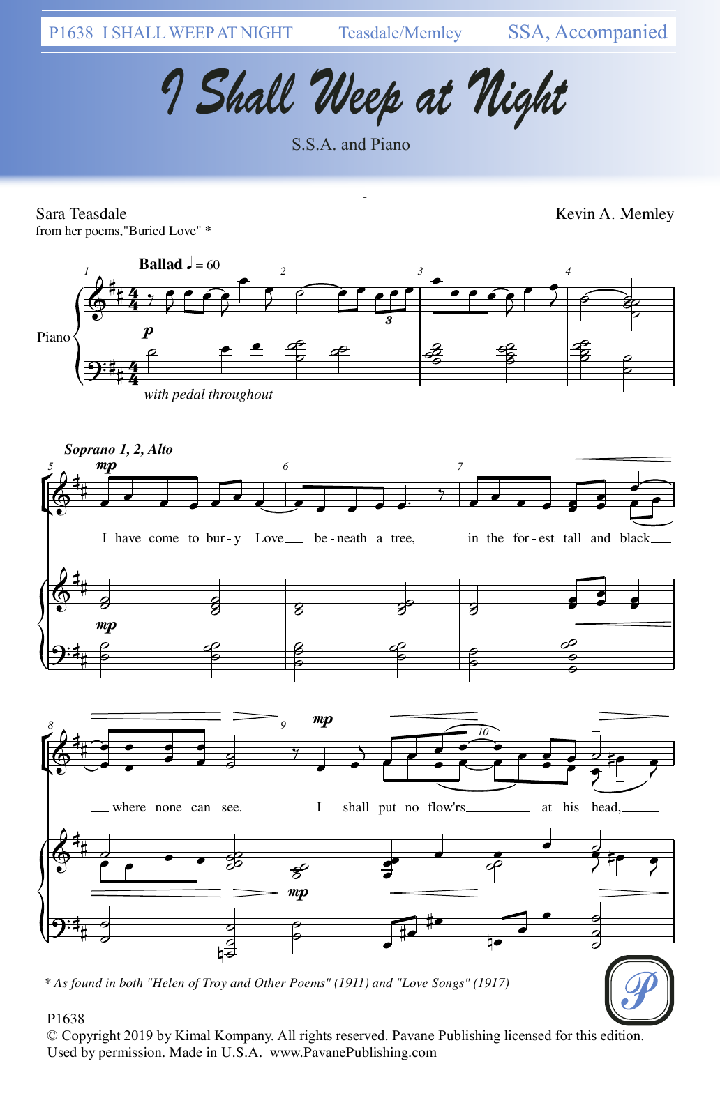Download Sara Teasdale and Kevin A. Memley I Shall Weep at Night Sheet Music
