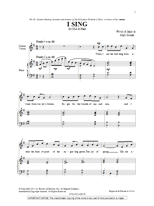 Download Mary Goetze I Sing Sheet Music