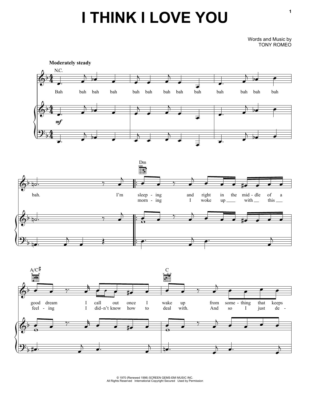 Download The Partridge Family I Think I Love You Sheet Music