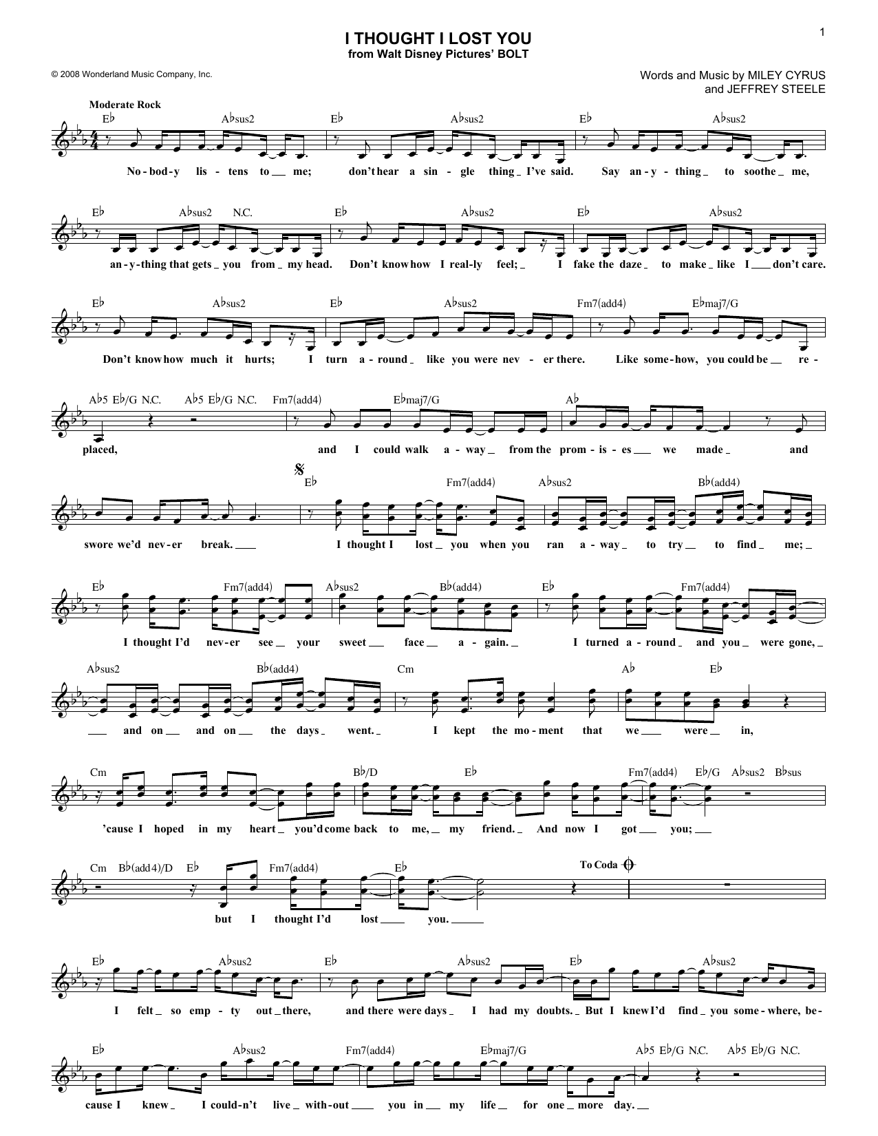 Download Miley Cyrus I Thought I Lost You Sheet Music