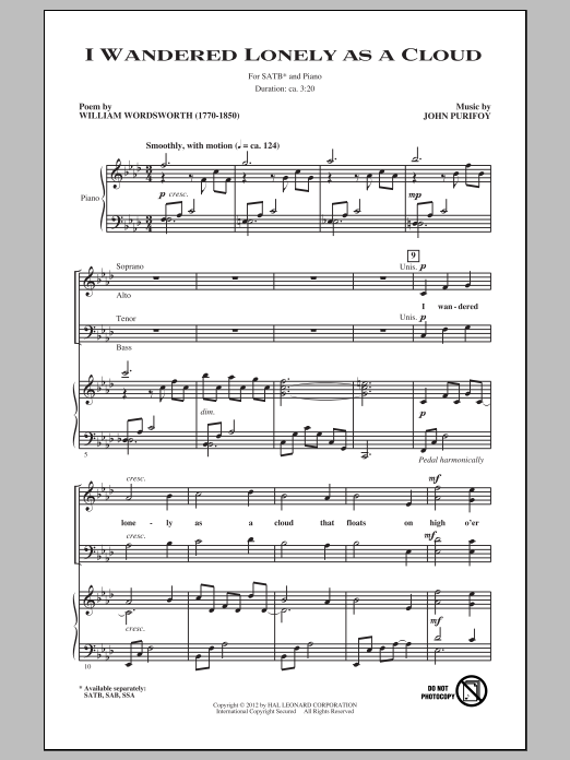 Download John Purifoy I Wandered Lonely As A Cloud Sheet Music