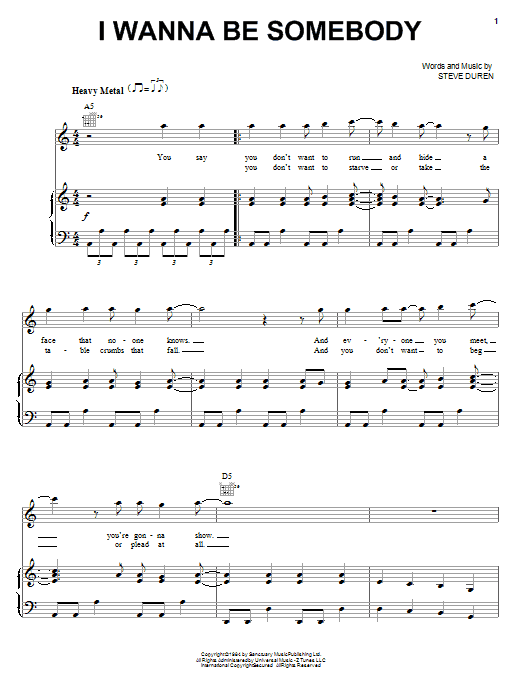 Download W.A.S.P. I Wanna Be Somebody Sheet Music