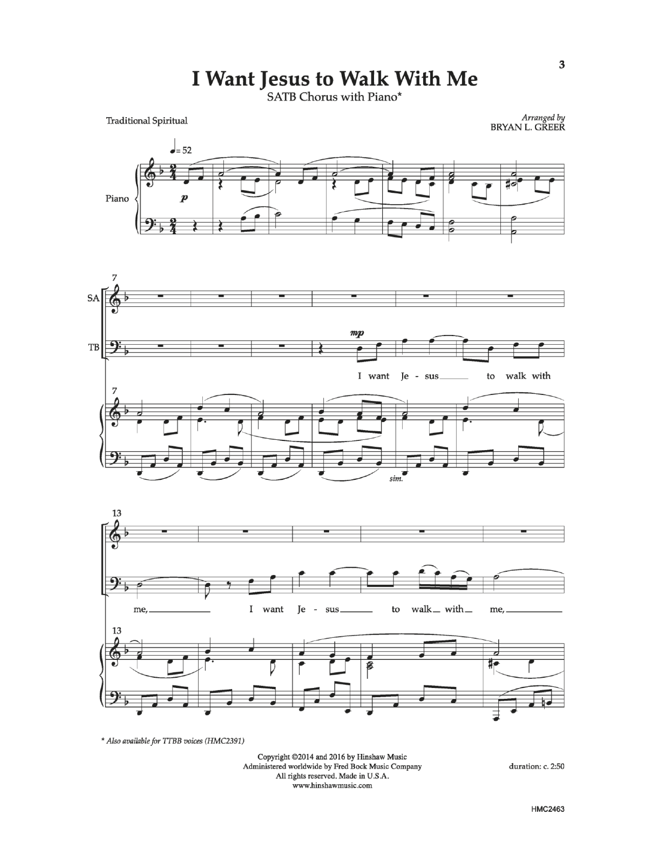 Download Bryan Greer I Want Jesus To Walk With Me Sheet Music