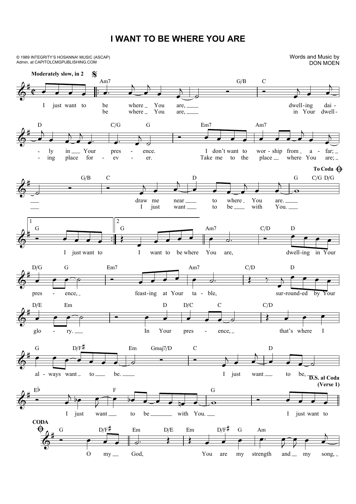 Download Don Moen I Want To Be Where You Are Sheet Music