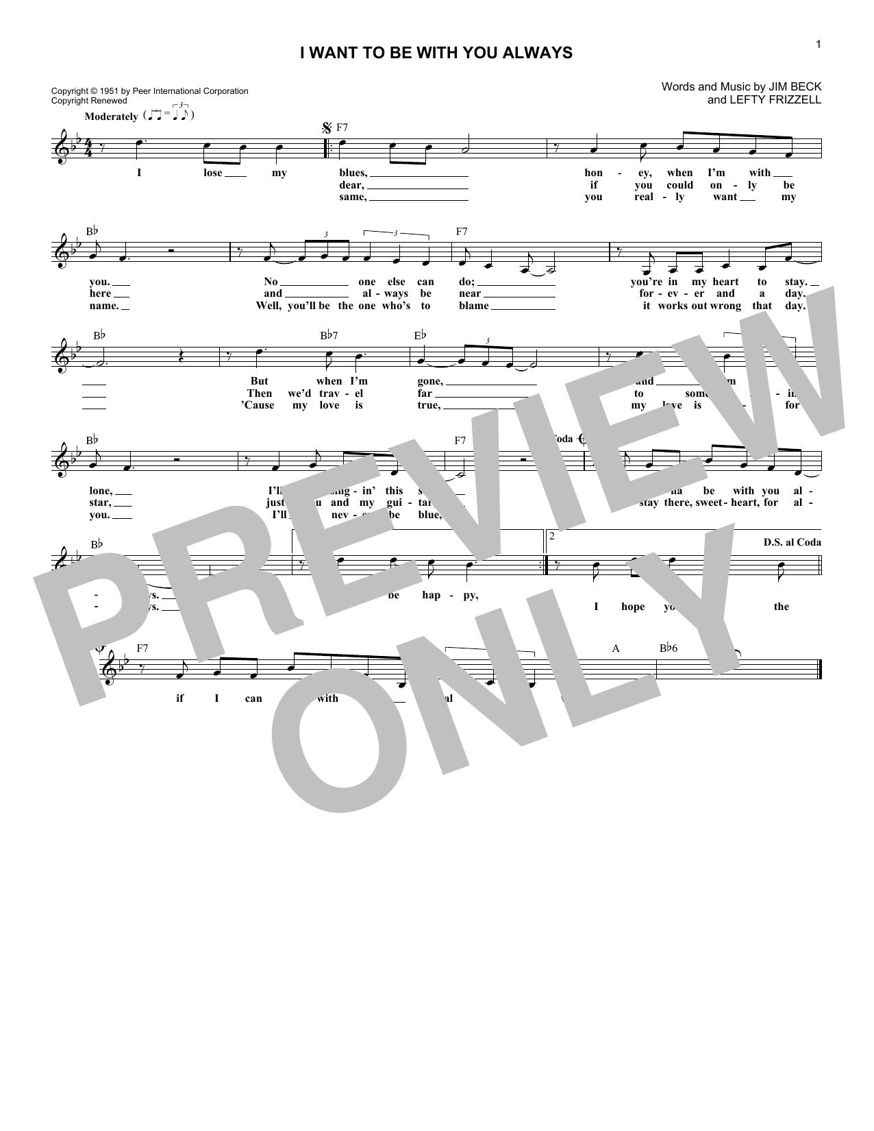 Download Lefty Frizzell I Want To Be With You Always Sheet Music