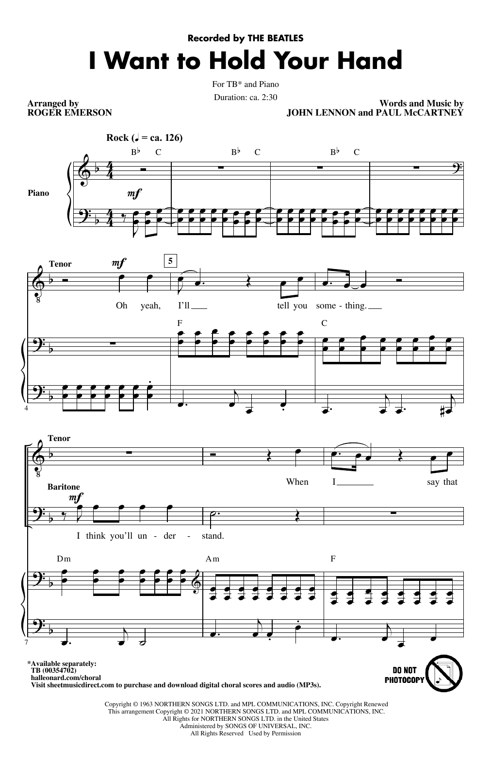 Download The Beatles I Want To Hold Your Hand (arr. Roger Em Sheet Music