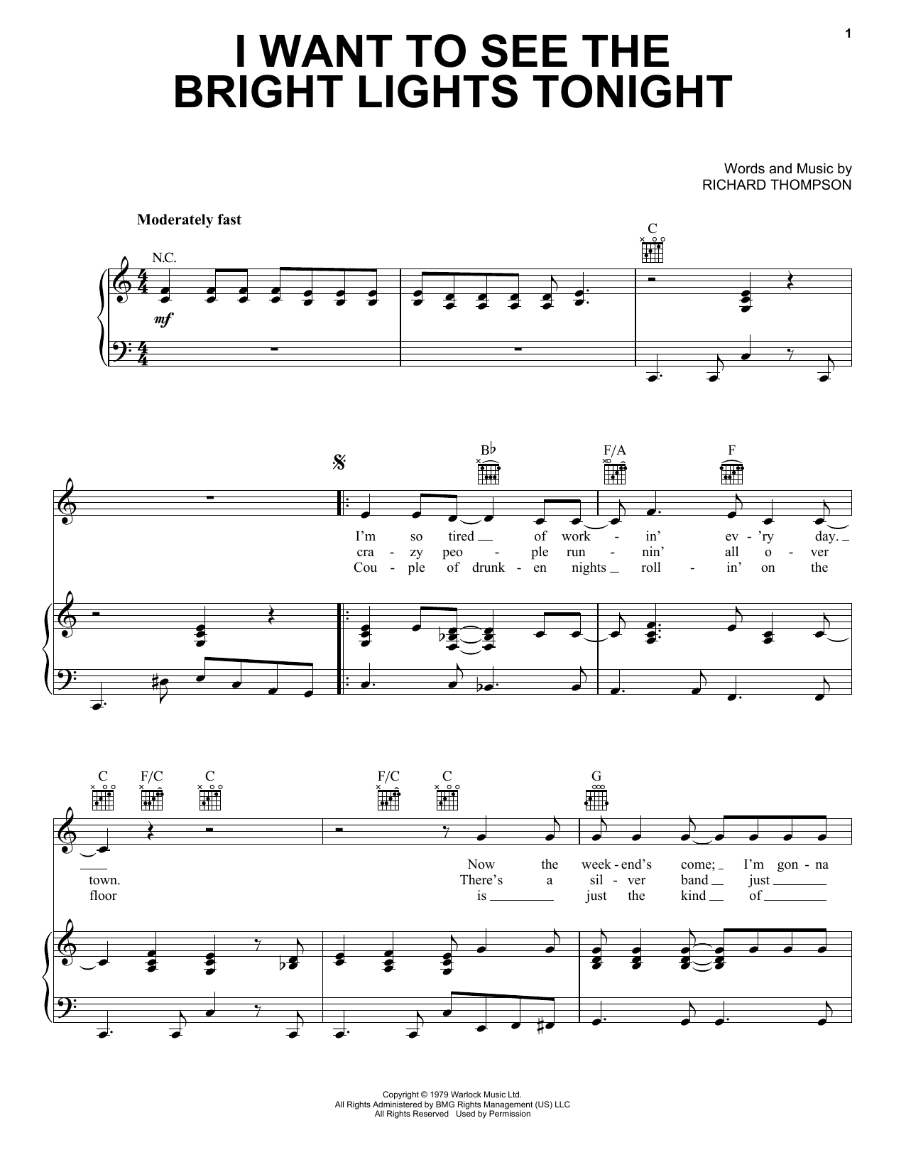 Download Richard & Linda Thompson I Want To See The Bright Lights Tonight Sheet Music