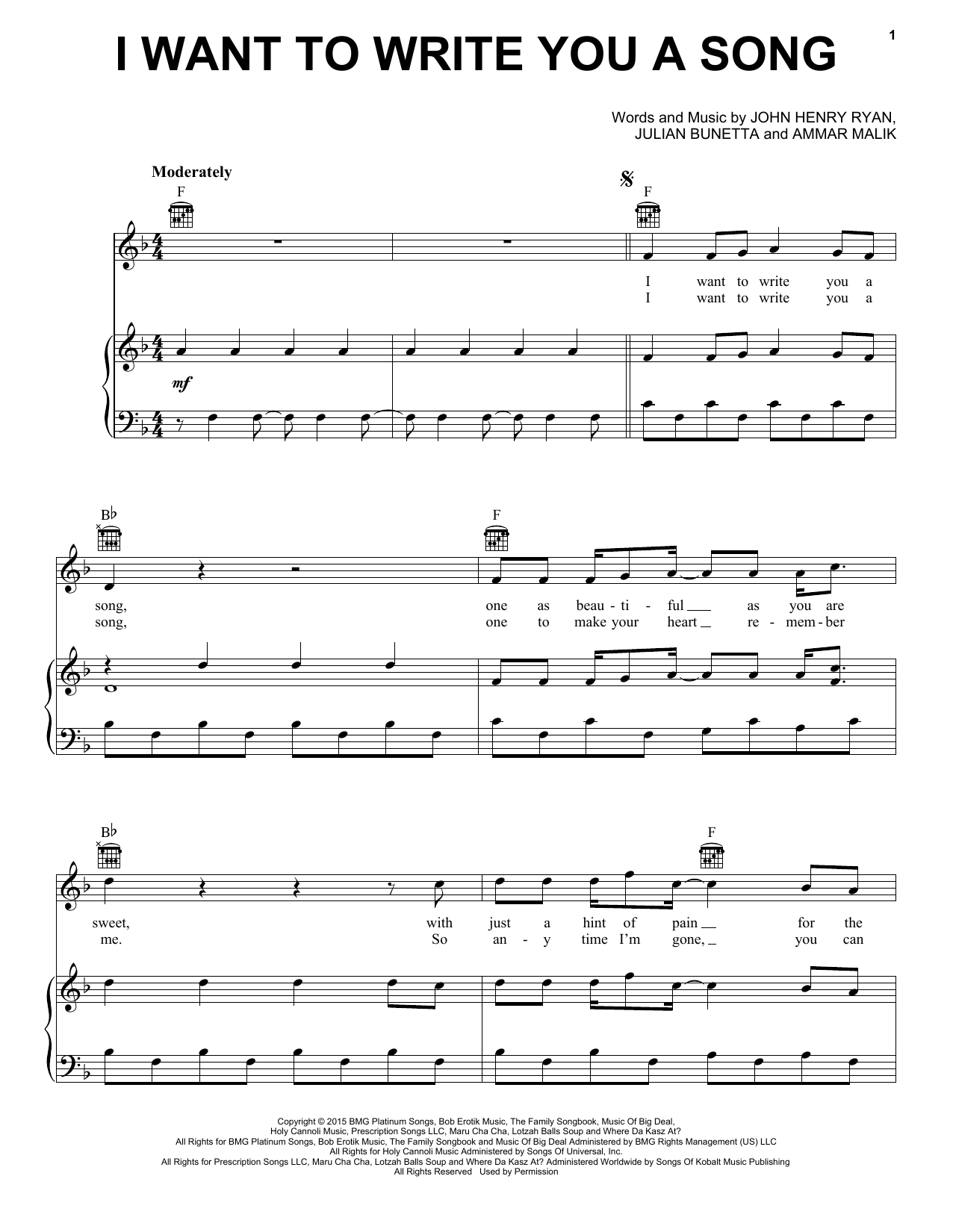 Download One Direction I Want To Write You A Song Sheet Music
