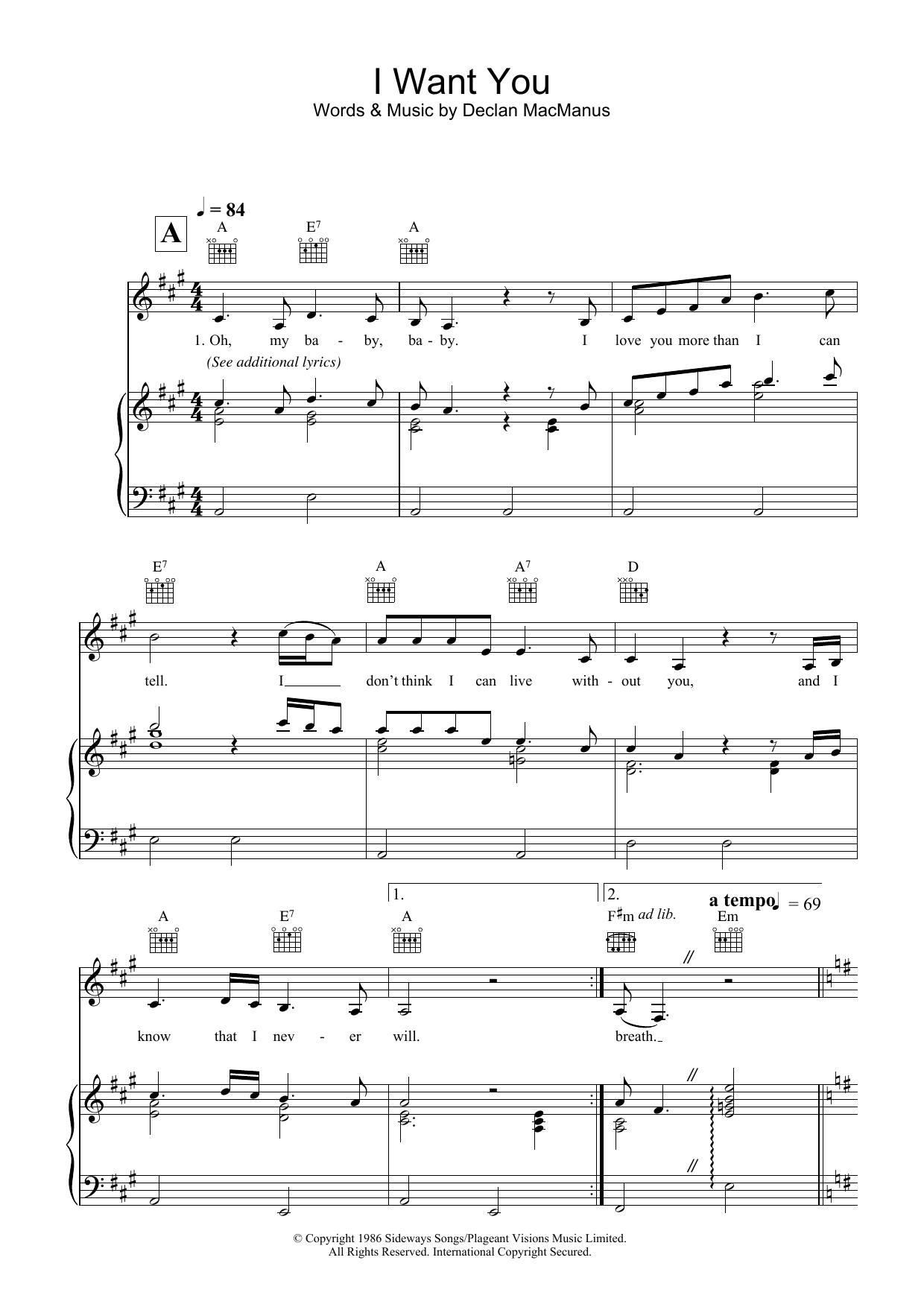 Download Elvis Costello I Want You Sheet Music