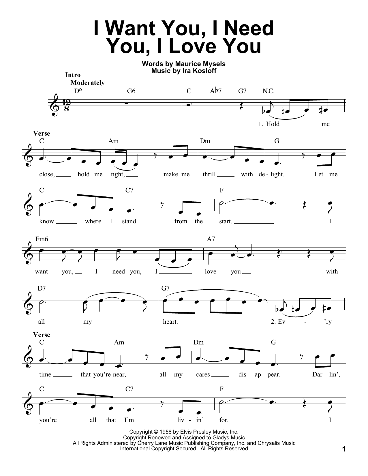 Download Elvis Presley I Want You, I Need You, I Love You Sheet Music