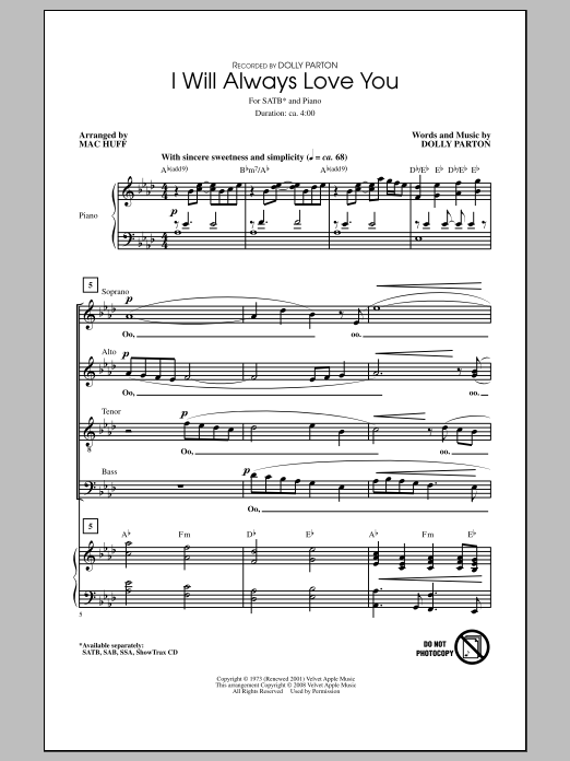 Download Dolly Parton I Will Always Love You (arr. Mac Huff) Sheet Music