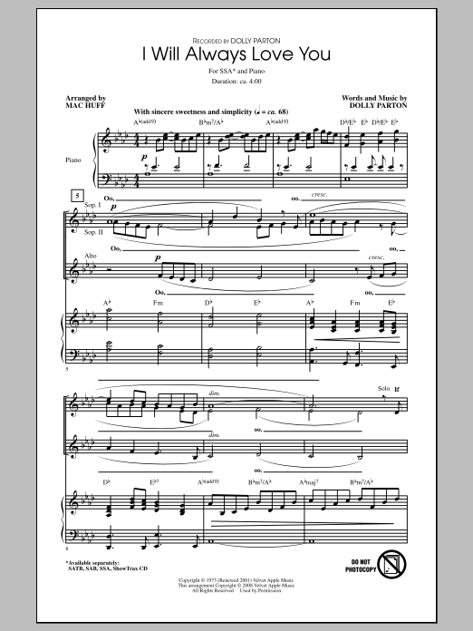 Download Dolly Parton I Will Always Love You (arr. Mac Huff) Sheet Music