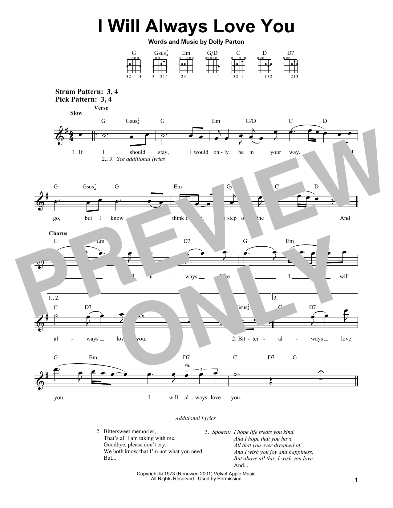 Download Dolly Parton I Will Always Love You Sheet Music