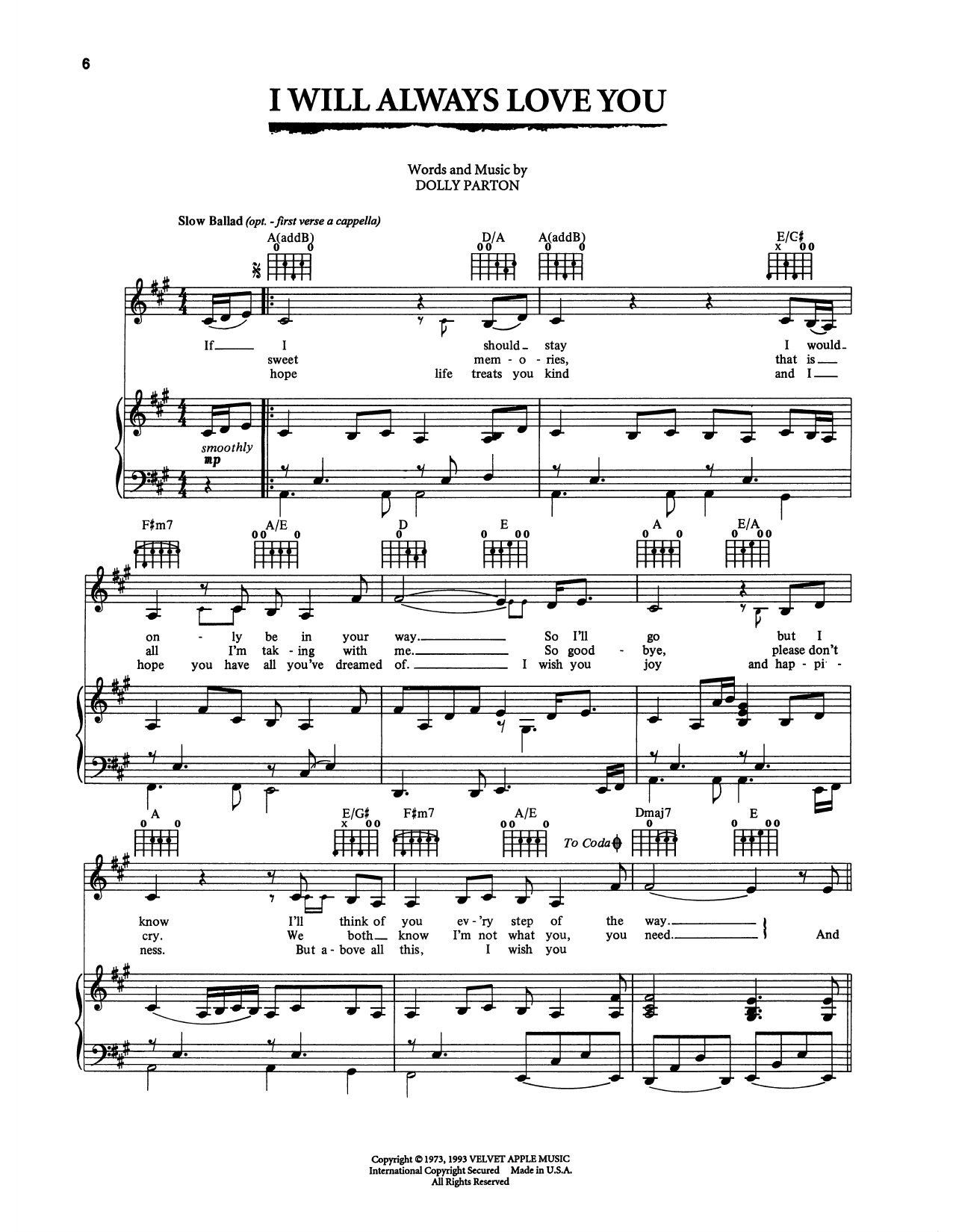 Download Whitney Houston I Will Always Love You (from The Bodygu Sheet Music
