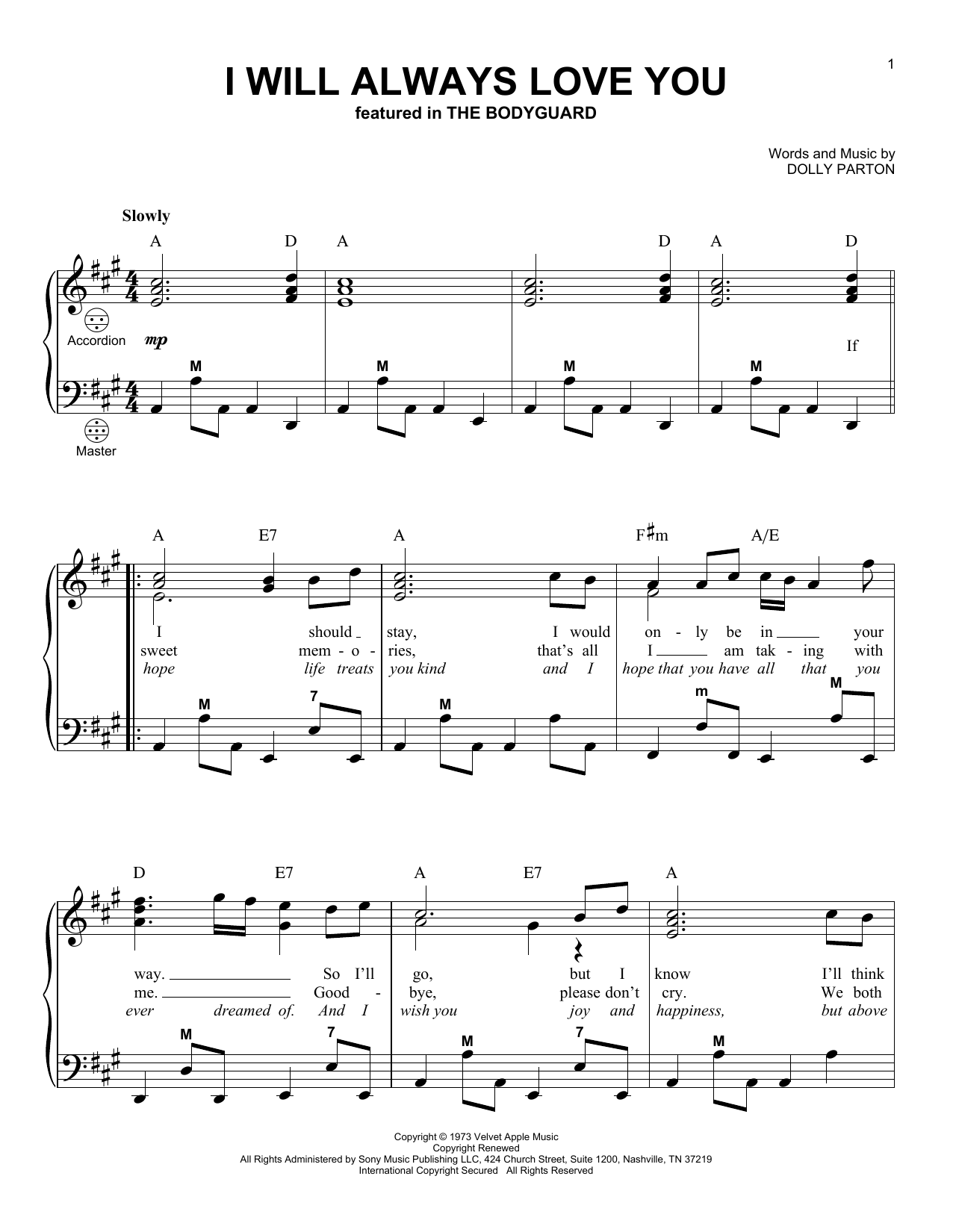 Download Whitney Houston I Will Always Love You Sheet Music