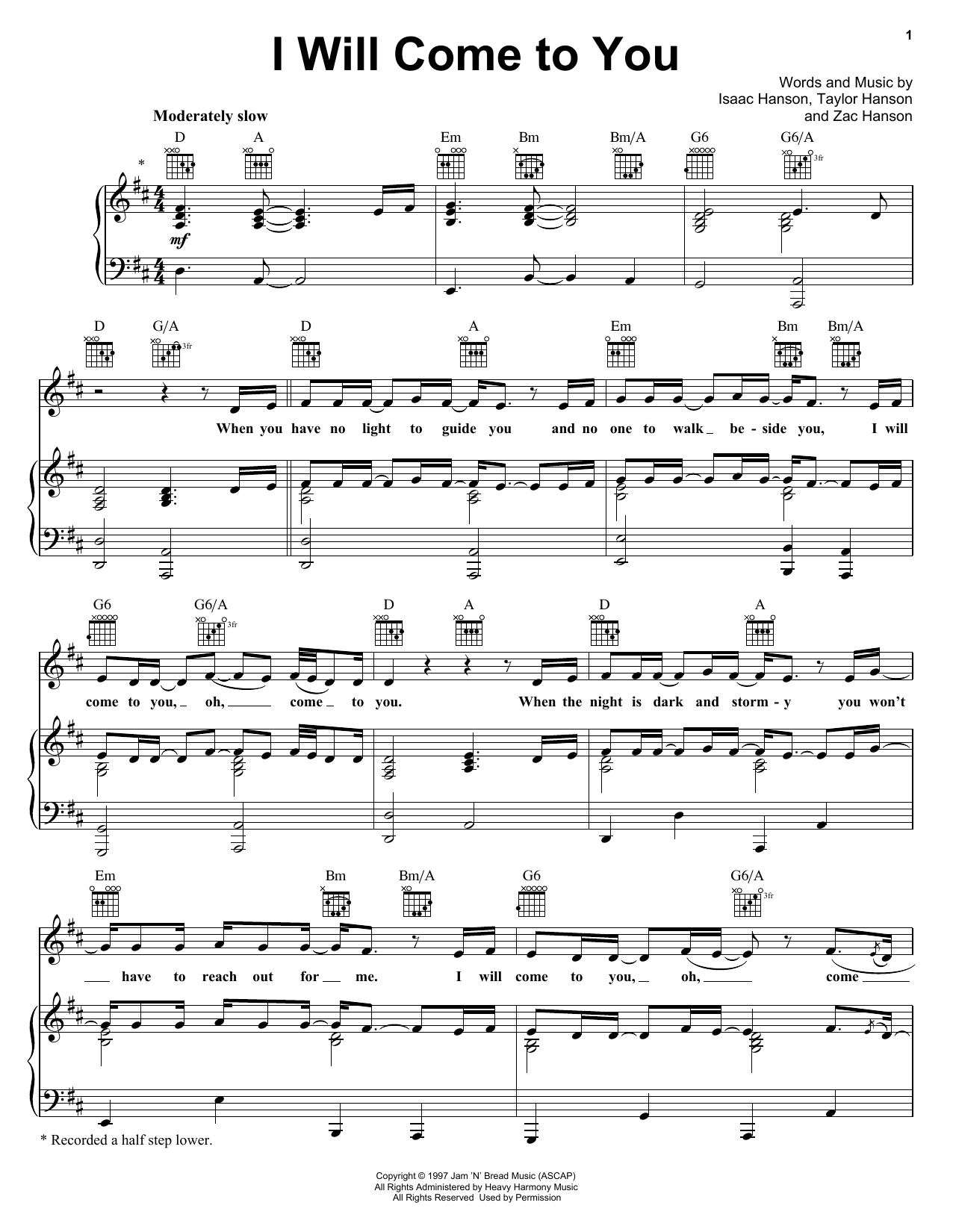 Download Hanson I Will Come To You Sheet Music