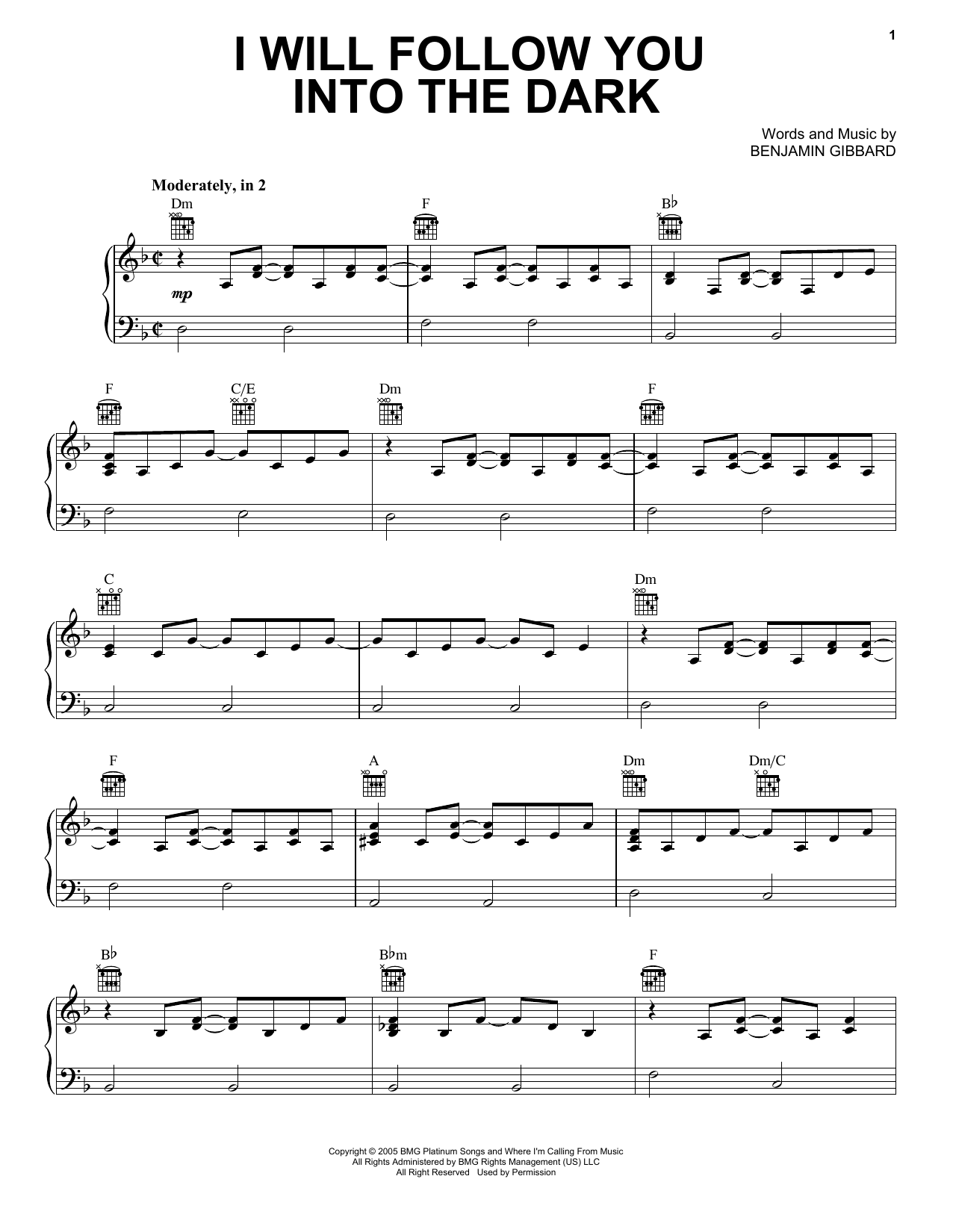 Download Death Cab For Cutie I Will Follow You Into The Dark Sheet Music